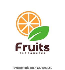 Orange fruit with green leaf logo design. Food logo vector template.