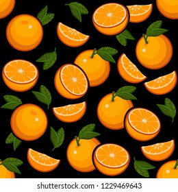 Orange fruit with a green leaf seamless vector pattern with concept of healthy eating. Food texture.Vector illustration Eps 10.vector high detail. 