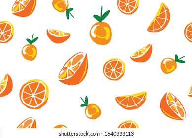 Orange fruit with green leaves seamless pattern on white background