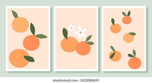 Orange fruit with green leaves and white flower on pastel green background vector.  Fruit wall art decoration. 