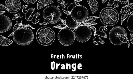 Orangefarbene, handgezeichnete Fruchtkonstruktion. Vektorgrafik. Design, Paket, Broschüre Illustration. Orangefarbene Obstbild. Design-Elemente für Verpackungsdesign und andere.