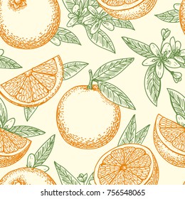 Orange fruit hand drawn pattern. Yellow oranges, green leaves and flowers seamless background pattern vector drawing