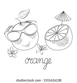 Orange Fruit hand drawn with summer sunglasses on the beach. Drink,Juice Poster.Orange blossom doodle icon isolated. Сitrus fruit sketch vector,handwritten text. Sliced orange, grapefruit symbol, icon