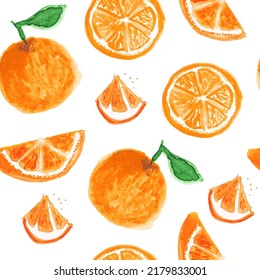 Orangefarbene, handgezeichnete Fruchtfarbe, Vektorgrafik, nahtloses Muster, Aquarellspritzen, isolierter Hintergrund. Zitrusfrüchte. Vegetarisches Öko-Lebensmittel Bio-Produkt. Menü Print Design, Packpapier. Hallo Sommer.