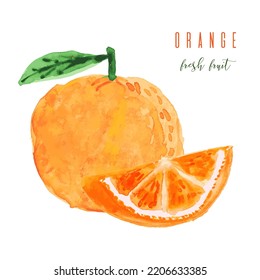 Ilustración vectorial de la pintura de la mano de la fruta naranja, caligrafía, letras, salpicaduras de acuarela, fondo aislado. Citrus. Productos ecológicos vegetarianos, nutrición orgánica, vegetariana. Diseño de menú. Hola verano.