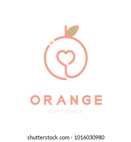 Orange fruit with heart logo icon outline stroke set design illustration isolated on green background with Orange text and copy space, vector eps10