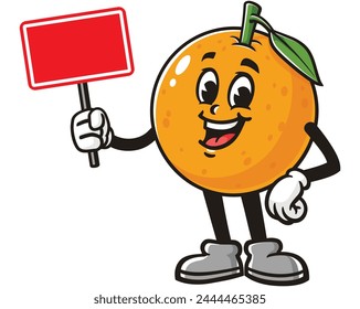 Orange fruit holding a blank sign board cartoon mascot illustration character vector clip art hand drawn