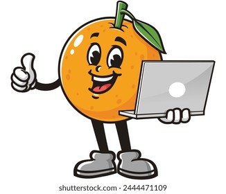 Naranja fruta sosteniendo portátil de dibujos animados mascota ilustración de personaje Vector Clip arte dibujado a mano