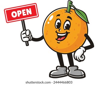 Orange fruit holding open sign board cartoon mascot illustration character vector clip art hand drawn