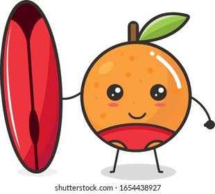 Orange fruit holding a red surfboard and using pants Mascot Character Cute Outline Flat Design Vector Illustration