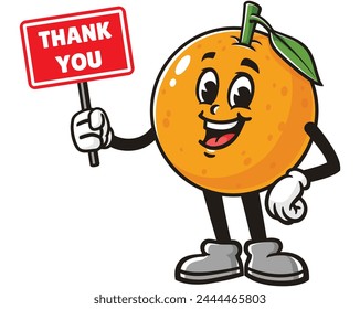 Orange fruit holding a thank you sign board cartoon mascot illustration character vector clip art hand drawn