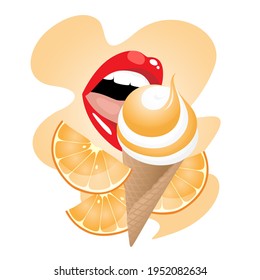 Orange fruit ice cream cone with bright red lips on an orange and white background. Vector illustration for label and advertisement