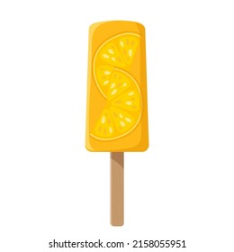 Orange fruit Ice Cream. Orange creamsicle popsicle. Sweet delicious frozen summer dessert. Flat vector Illustration for design, poster, banner, menu, recipes. Yellow toothpick ice cream.