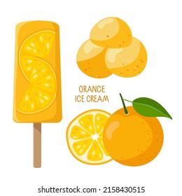 Orange fruit Ice Cream. Orange ice cream on stick, ice cream balls, orange fruit. Sweet delicious frozen summer dessert. Flat vector Illustration for design, poster, banner, menu, recipes. 