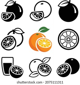 Orange fruit icon collection - outline and silhouette vector illustration	