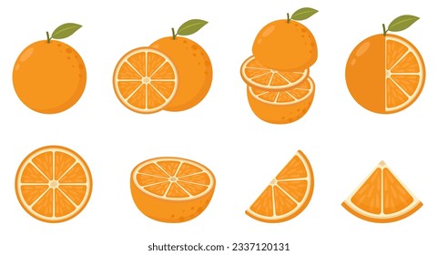 orangefarbene Früchte. Orangefarbene Obstsymbolsammlung. Eine Reihe von Orange, ganz und geschnitten. Set von frischen ganzen, halben, geschnittenen orangefarbenen Früchten einzeln auf weißem Hintergrund. Tangerine. Flacher Stil.