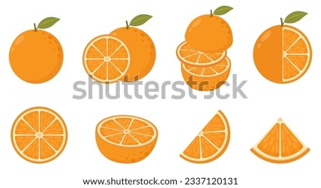 Orange fruit. Orange fruit icon collection. A set of orange, whole and cut. Set of fresh whole, half, cut slice orange fruit isolated on white background. Tangerine. Flat style.