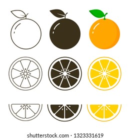 Orange fruit icon collection, vector outline and silhouette set, cut of orange.