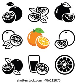 Orange fruit icon collection - vector outline and silhouette