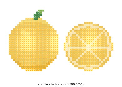 Orange fruit icon with cross stitch pattern style