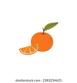 Orange fruit icon flat vector illustration isolated on white background. Whole and slice of orange citrus image that can be used for food and juice pack design.