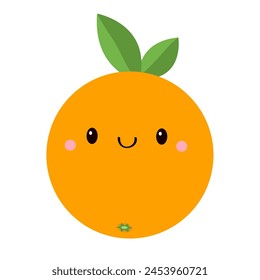 Orange fruit icon. Green leaf. Cute cartoon kawaii smiling baby character. Funny food face head. Childish style. Educational card for kids. Flat design. White background. Isolated. Vector illustration