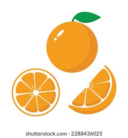 Orange fruit icon illustration with green leaf, whole and half sliced ​​ripe orange, cartoon illustration.
