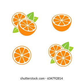 Orange fruit. Icon set. Cut oranges with leaves on white background