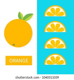 Orange fruit icon set. Slice in a row. Cut half. Healthy lifestyle food. Flat lay design. Pastel bright color. Top air view. White Blue background. Isolated. Vector illustration