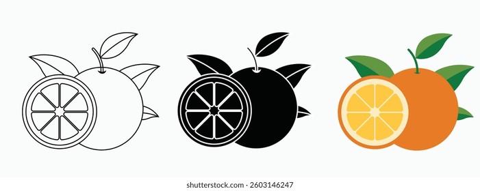 Orange fruit icons set in fill and stroke style, outline and filled vector illustration. fire symbol Line art editable icon