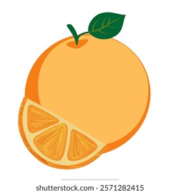 orange fruit illustration features a fresh, juicy citrus design with bright colors, showcasing detailed slices, whole fruit, and leaves. Perfect for packaging, branding, menu design, posters.