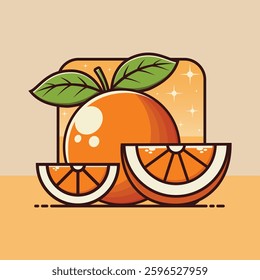 Orange Fruit Illustration, Fresh Citrus Vector, Orange with green leaves in flat style, Tropical fruits