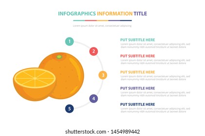 orange fruit infographic template concept with five points list and various color with clean modern white background - vector