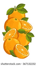 Orange fruit isolated on white background. Close up orange slice with green leaves ripe fruit. Fruit juice design elements.
