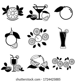 Orange fruit, juice, drink icon collection - vector outline and silhouette