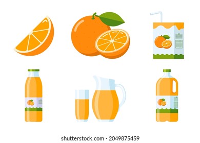 Orange Fruit and Juice Elements Collection. Flat Style citrus items set: orange slice and whole fruit, orange juice packages (carton, glass, jug, Plastic and glass bottle). Premium vector