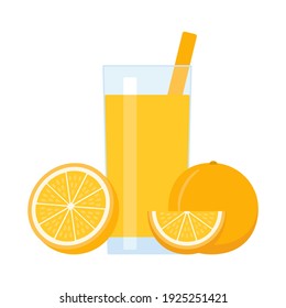 Orange fruit juice in glass and half orange, straw for drinking. Fresh citrus fruit drink with vitamins. Vector illustration isolated on white background