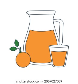 Orange fruit juice in glass and jug . Fresh citrus fruit drink with vitamins. Vector illustration isolated on white background