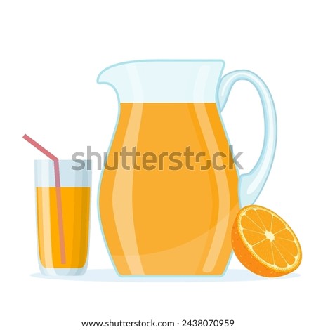 Orange fruit juice in glass jug and half slice orange. Fresh citrus fruit drink with vitamins. Organic product in carafe. Summer healthy drink. Vector illustration in flat style