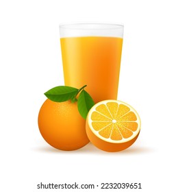 Orange fruit juice glass. Juicy oranges drink realistic isolated vector illustration, natural juicing lemonade glassful isolated on white background