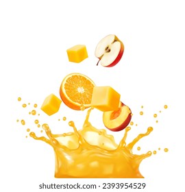 Orange fruit juice mix splash. Isolated realistic 3d vector fresh vitamin drink whirl with droplets, ripe peach, citrus, apple halves and mango dice with liquid transparent refreshing corona splatters - Shutterstock ID 2393954529
