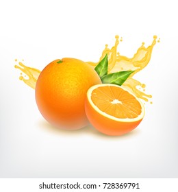 Orange fruit and juice splash. Vector icon. 3d illustration. EPS10 vector