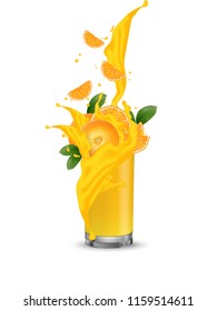 Orange fruit juice splashing into the glass with swirl. Orange slices falling into the cup. Glass milk juice splashing. Cocktail mix. 3d Realistic Vector.