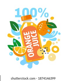 Orange fruit juice with splashing water and leaves and abstract shape. Orange bottle, glass. Vector illustration cartoon trandy flat style.