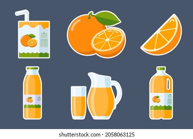 Orange Fruit and Juice Stickers Set. Collection of Flat Style citrus elemens: orange slice and whole fruit, orange juice packages carton, glass, jug, Plastic and glass bottle. Premium vector