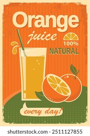 Póster vintage de zumo de naranja. Ilustración de jugo fresco de verano de Vector con texto en papel viejo verde naranja Textura de fondo.