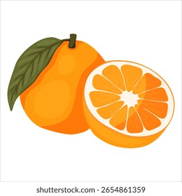 Fruta laranja com folha e uma fatia cortada, uma representação colorida e apetitosa