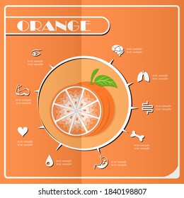 Fruta anaranjada con icono de hoja. Ilustración vectorial de volantes publicitarios de afiches