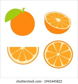 Orange fruit with leaf. Illustration in flat style. Half and a piece of orange.