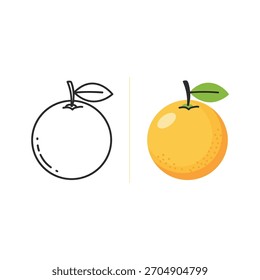 Fruta de naranja con la hoja aislada en color y arte de línea